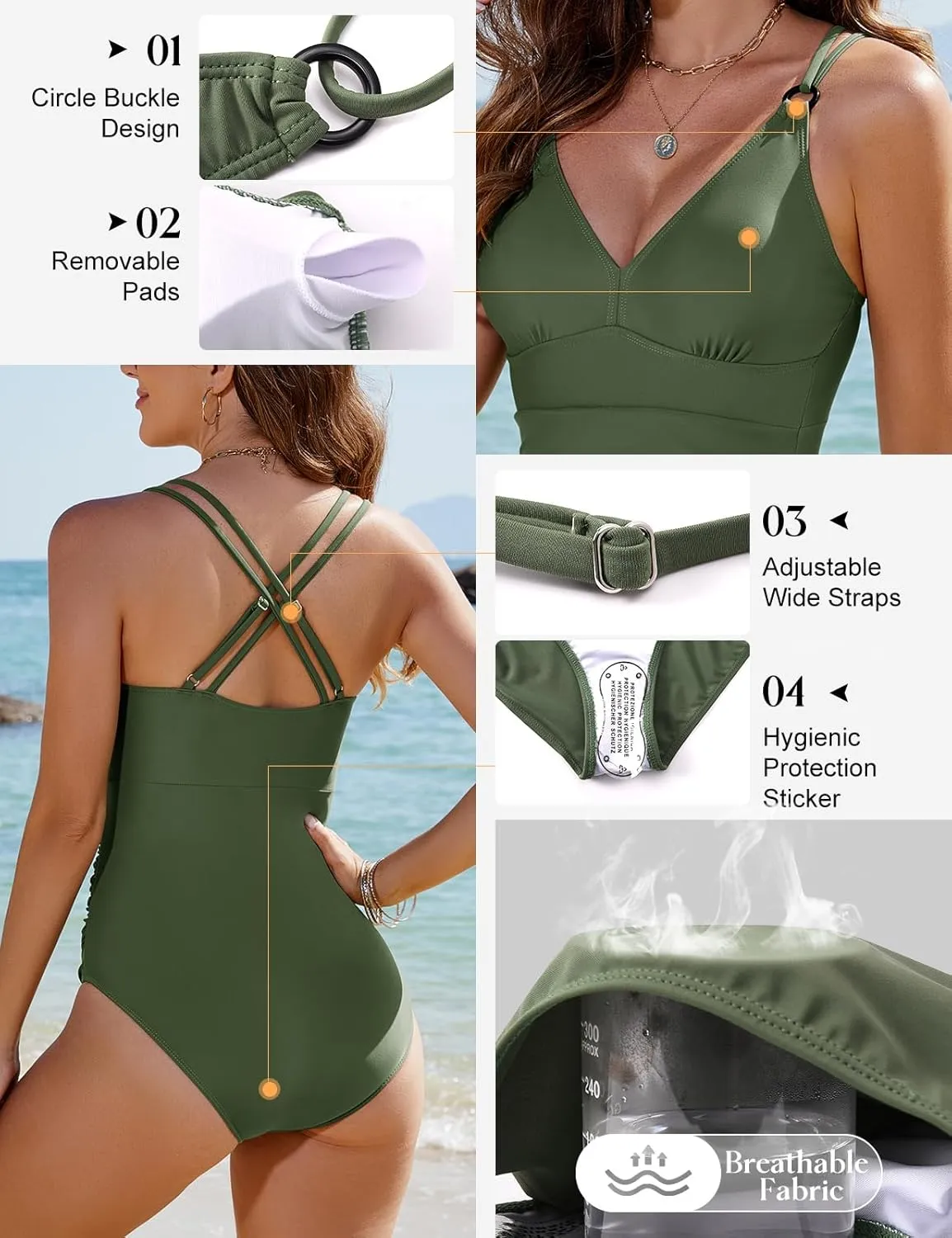 Women's One Piece Swimsuits Tummy Control Bathing Suit V Neck Ruched Swimwear Criss Cross Back O-Ring Vintage