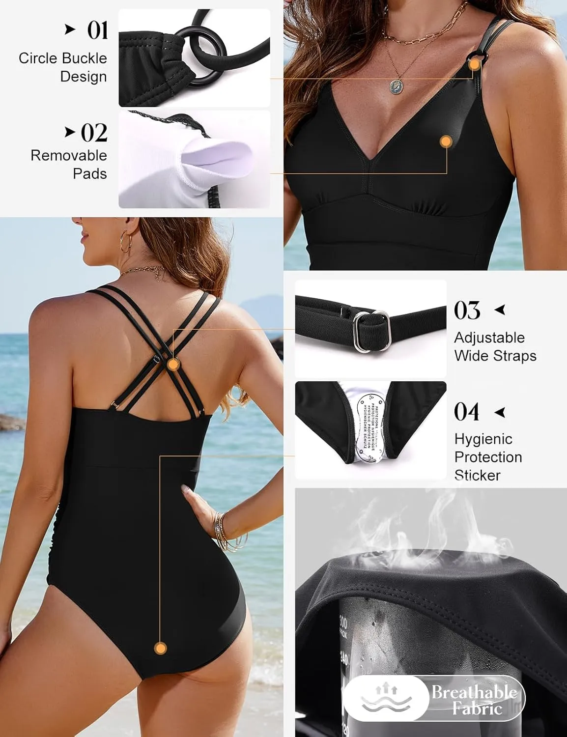 Women's One Piece Swimsuits Tummy Control Bathing Suit V Neck Ruched Swimwear Criss Cross Back O-Ring Vintage