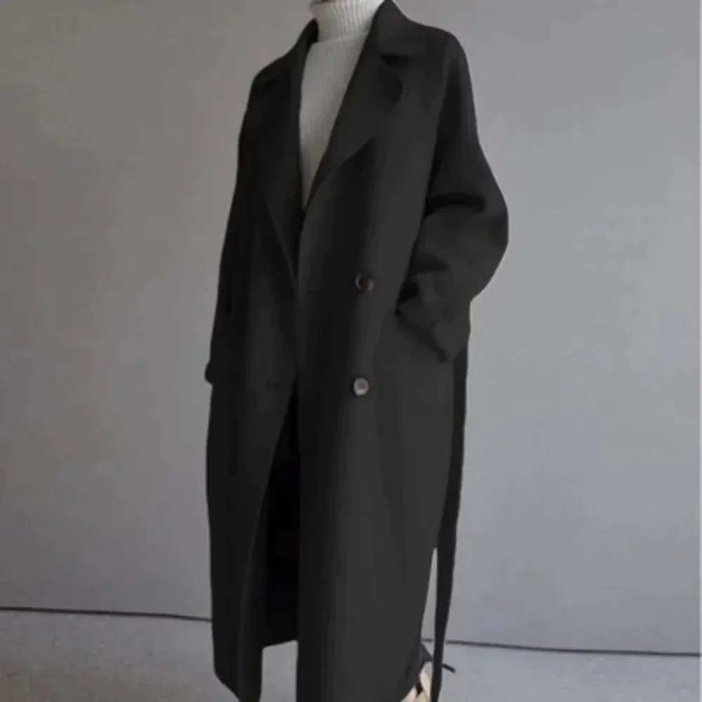 Women's Overcoat - Wool Blend - Double-Breasted - Notched Lapel - Belted Long Coat