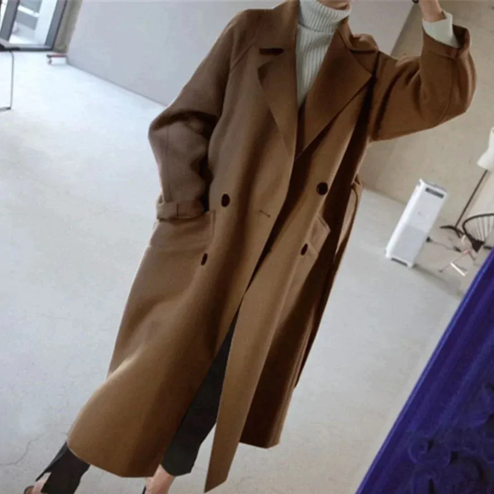 Women's Overcoat - Wool Blend - Double-Breasted - Notched Lapel - Belted Long Coat