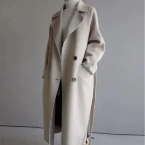 Women's Overcoat - Wool Blend - Double-Breasted - Notched Lapel - Belted Long Coat