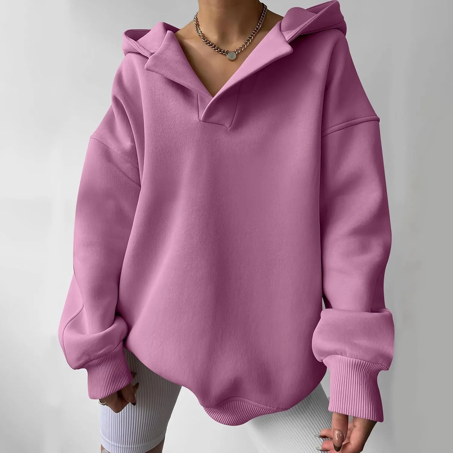 Womens Oversized Hoodies V Neck Sweatshirts Long Sleeve Pullover Casual Fall Teen Girls Preppy Clothes 2024 Trendy