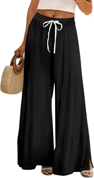 Women's Palazzo Pants Wide Leg Loose Floral Lounge Pants Beach Drawstring Elastic Waist Slacks with Pockets