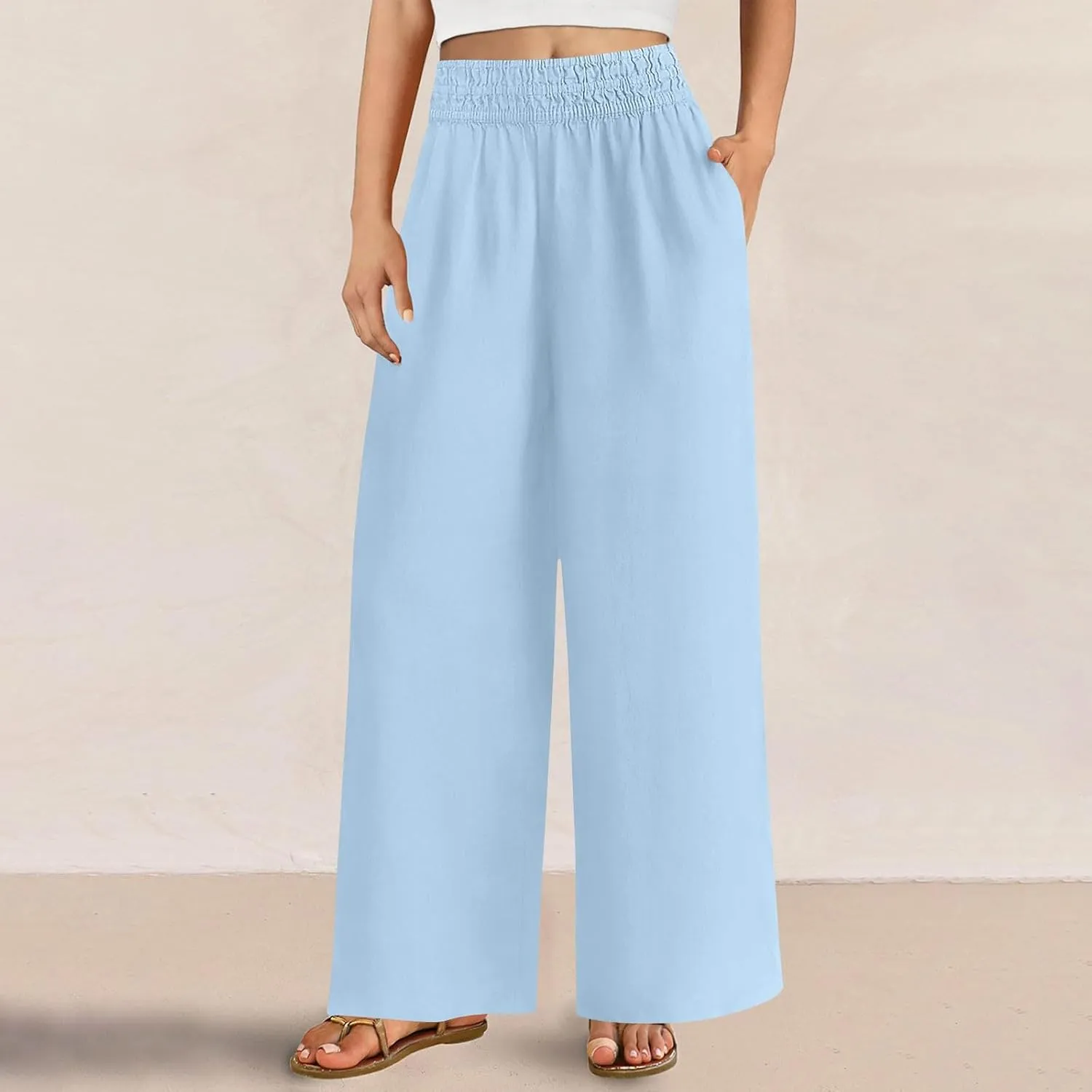 Womens Palazzo Pants with Pockets Loose Flowy Wide Leg Pants Summer Beach Travel Outfits Stretch Comfy Trousers