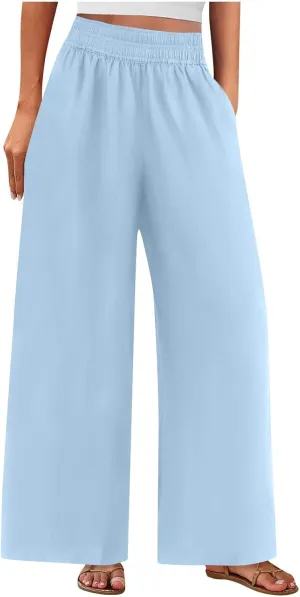Womens Palazzo Pants with Pockets Loose Flowy Wide Leg Pants Summer Beach Travel Outfits Stretch Comfy Trousers