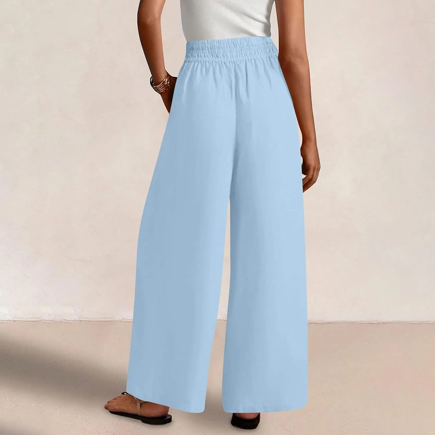 Womens Palazzo Pants with Pockets Loose Flowy Wide Leg Pants Summer Beach Travel Outfits Stretch Comfy Trousers