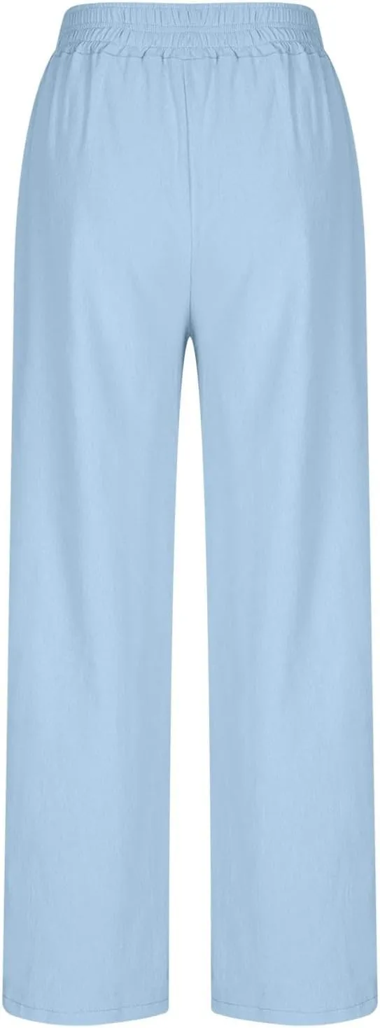 Womens Palazzo Pants with Pockets Loose Flowy Wide Leg Pants Summer Beach Travel Outfits Stretch Comfy Trousers