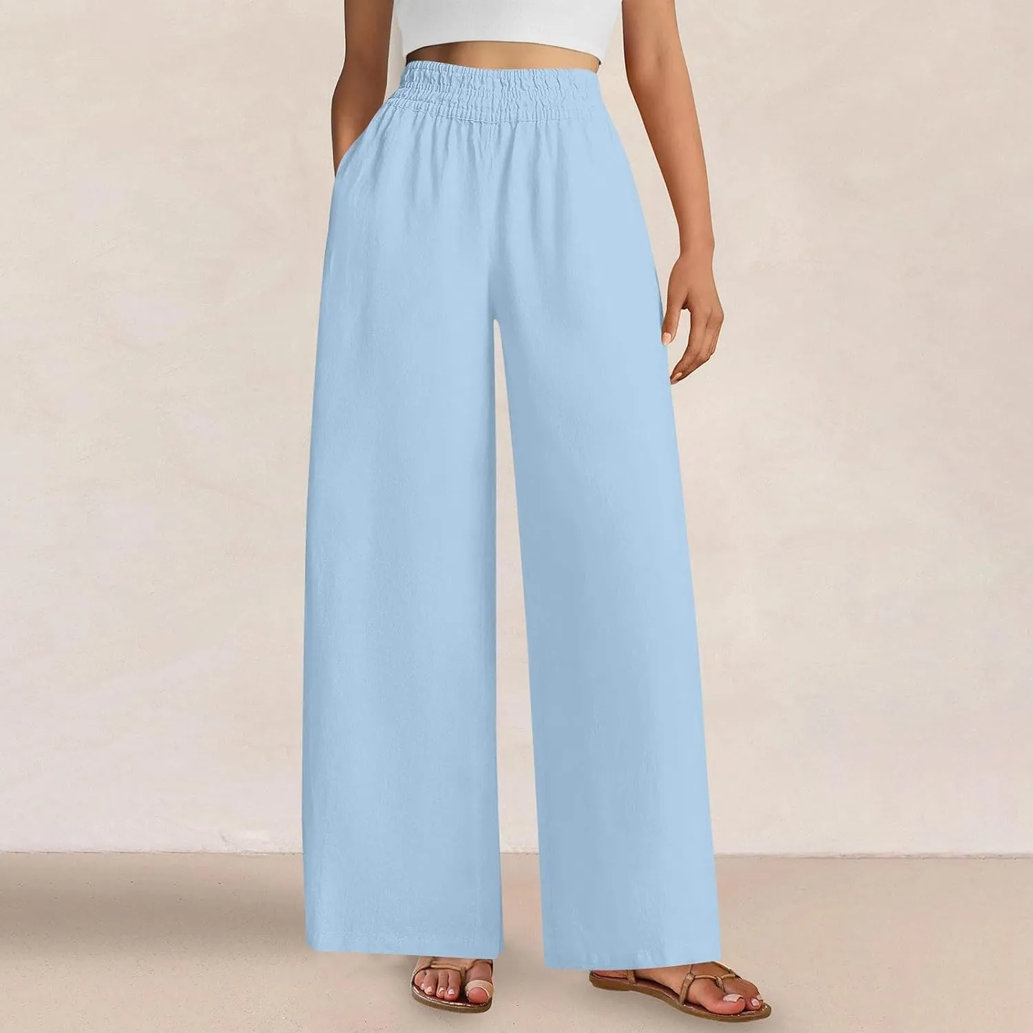 Womens Palazzo Pants with Pockets Loose Flowy Wide Leg Pants Summer Beach Travel Outfits Stretch Comfy Trousers