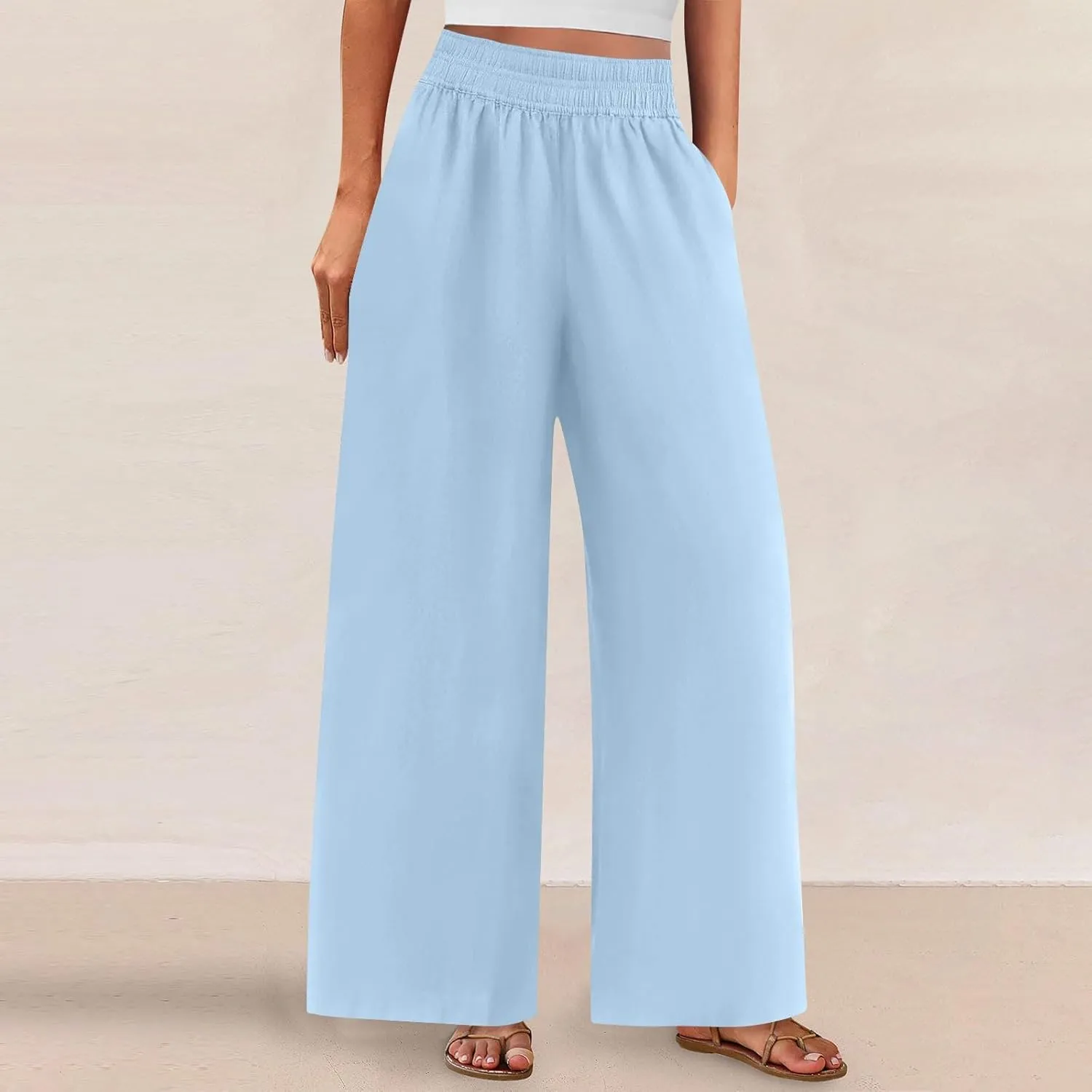 Womens Palazzo Pants with Pockets Loose Flowy Wide Leg Pants Summer Beach Travel Outfits Stretch Comfy Trousers