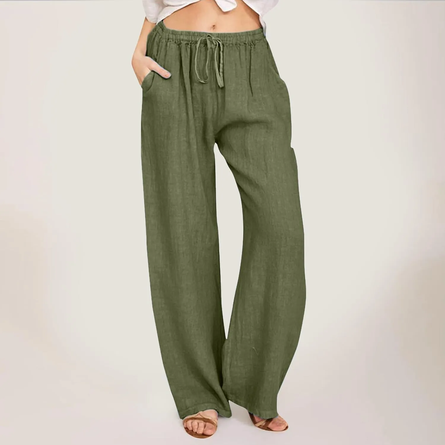 Women's Pants Summer Casual Plus Size Lightweight Straight Leg Drawstring Elastic Waist Loose Comfy Trousers with Pockets