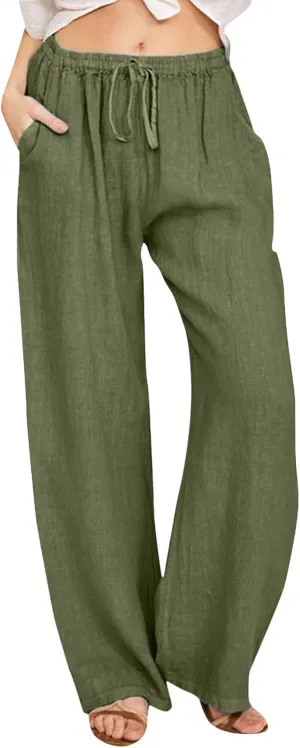 Women's Pants Summer Casual Plus Size Lightweight Straight Leg Drawstring Elastic Waist Loose Comfy Trousers with Pockets
