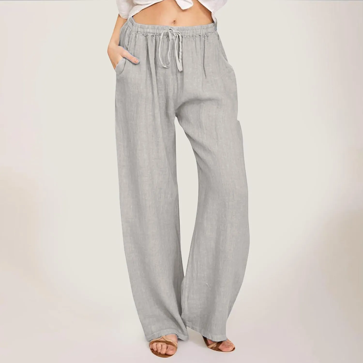 Women's Pants Summer Casual Plus Size Lightweight Straight Leg Drawstring Elastic Waist Loose Comfy Trousers with Pockets