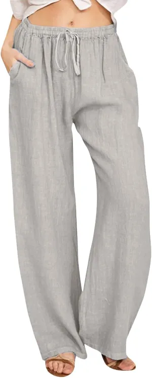 Women's Pants Summer Casual Plus Size Lightweight Straight Leg Drawstring Elastic Waist Loose Comfy Trousers with Pockets