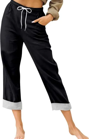 Womens Roll Up Capri Pants Cotton Linen High Waisted Drawstring Pants with Pocket 2025 Summer Lounge Elastic Trousers