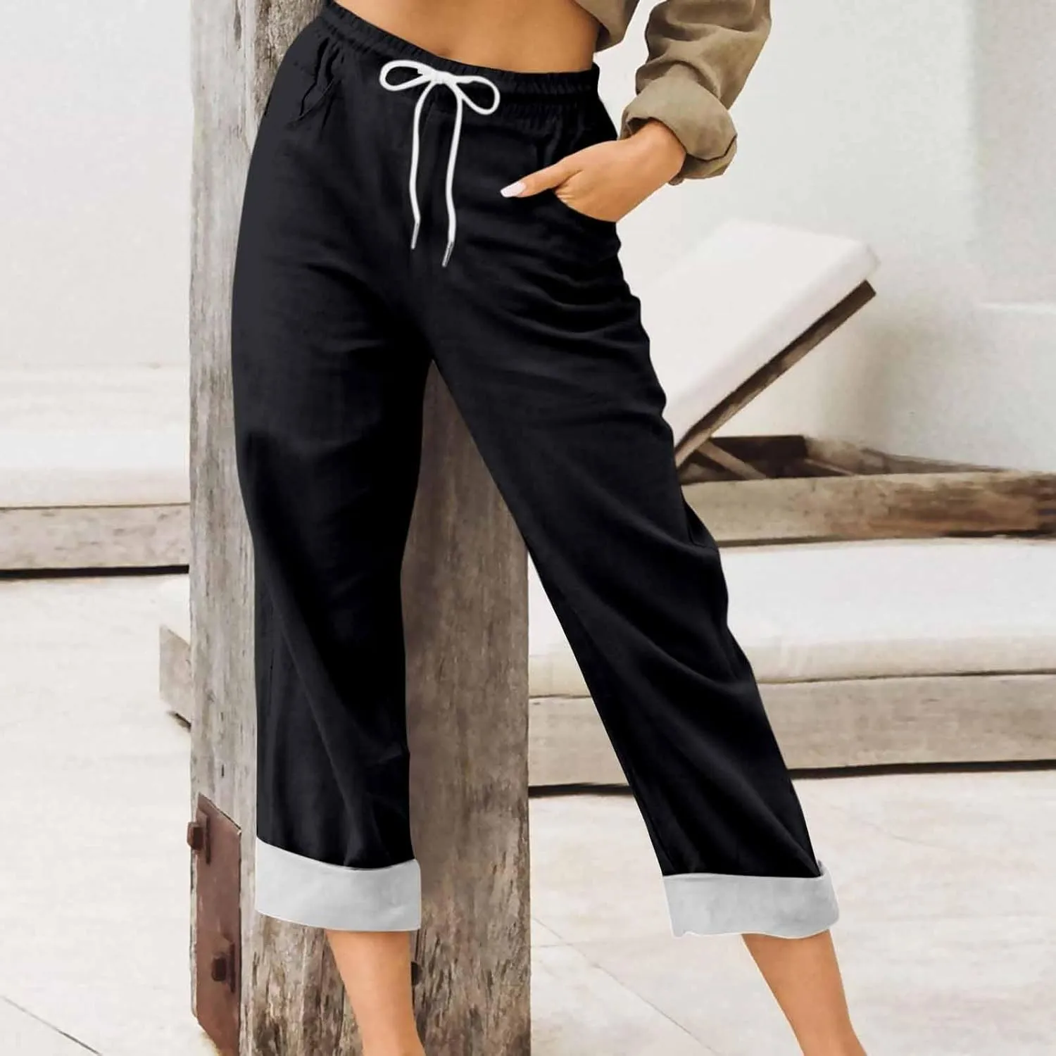 Womens Roll Up Capri Pants Cotton Linen High Waisted Drawstring Pants with Pocket 2025 Summer Lounge Elastic Trousers