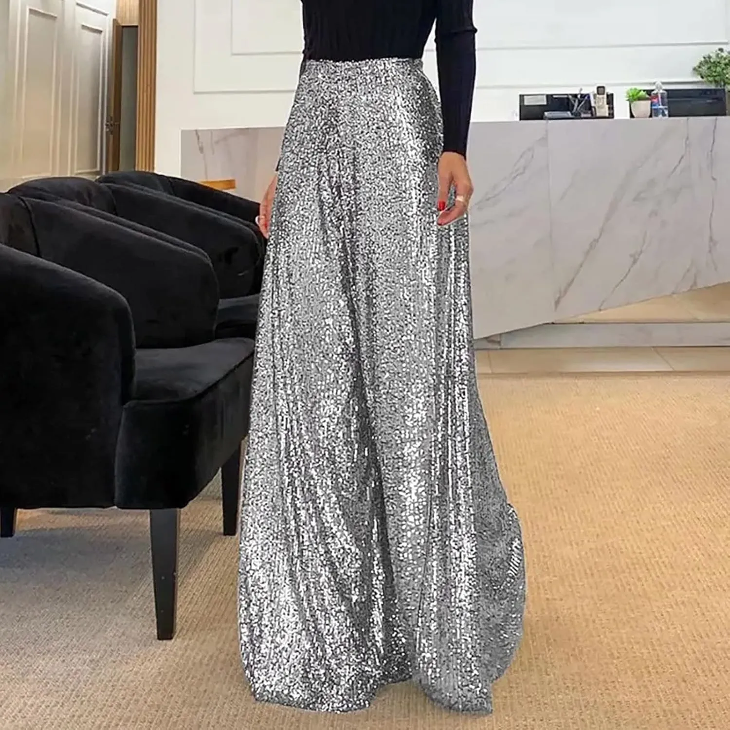 Women's Sequin Pants for Party Night 2024 Shiny Pleated Wide Leg Pants Party Nightout Elastic Waist Trousers Clubwear