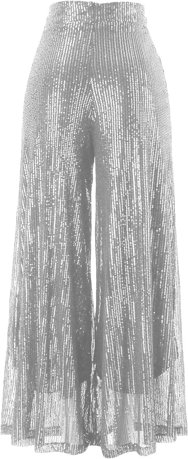 Women's Sequin Pants for Party Night 2024 Shiny Pleated Wide Leg Pants Party Nightout Elastic Waist Trousers Clubwear