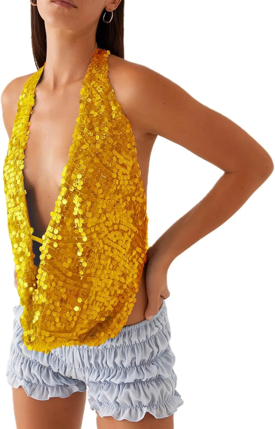 Womens Sequin Top Sleeveless Halter Rhinestone Pearl Floral Camisole Party Club Sparkly Tops Bling Glitter Tank