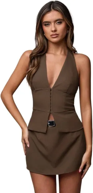 Womens Sleeveless Camisole Tank Tops Blouse V Neck Khaki Solid Color Casual Suit Vest