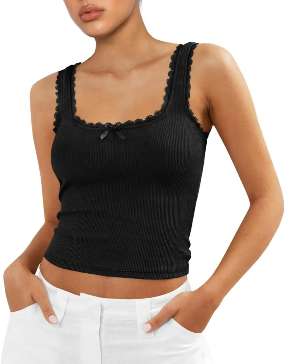 Women's Square Neck Lace Patchwork Sleeveless Ribbed Trim Crop Cami Tank Y2K Tight Fitted Bow Shirts Top