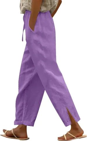 Womens Striped Linen Pants Lightweight Capri Summer Casual Beach Drawstring Elastic Waist Trousers with Pockets