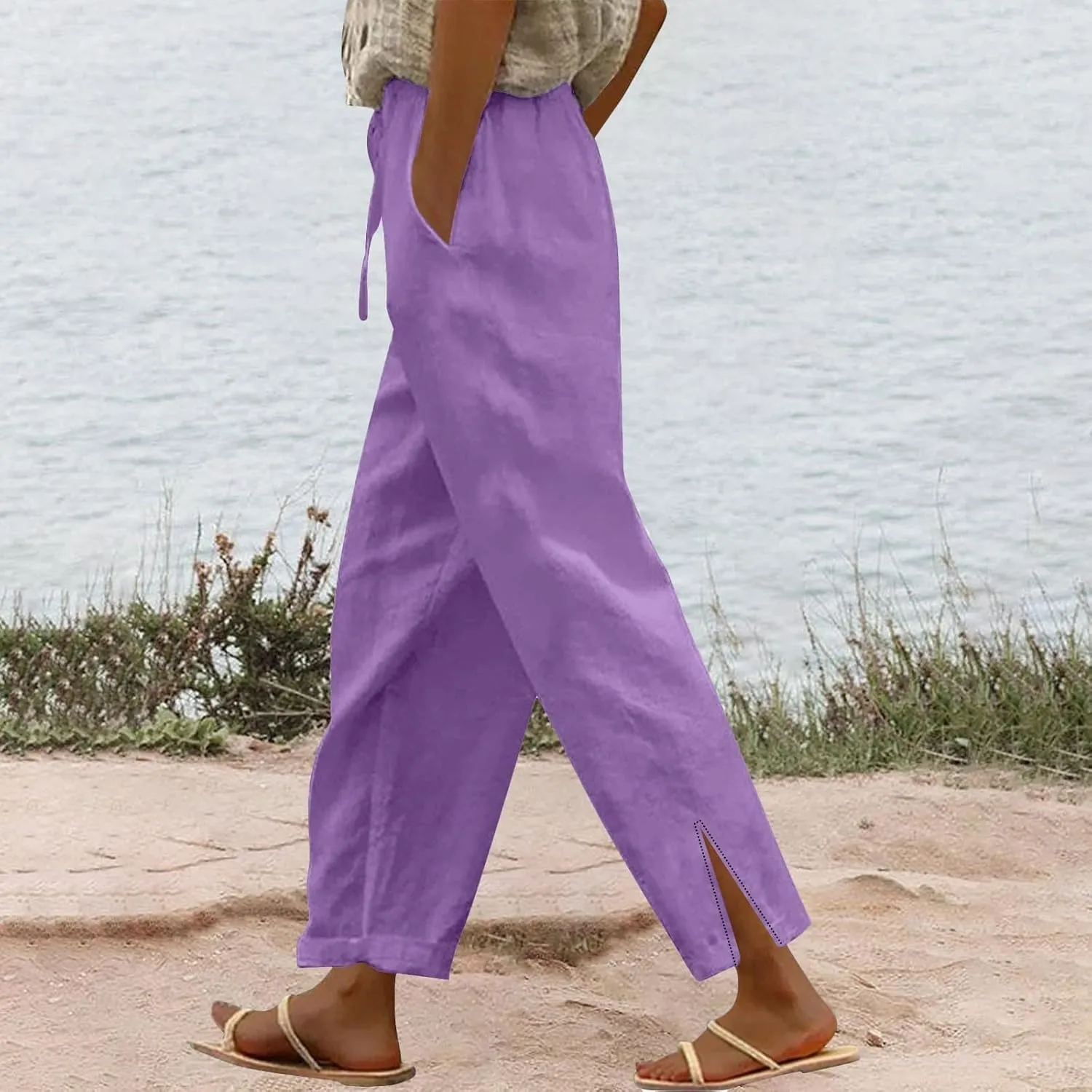 Womens Striped Linen Pants Lightweight Capri Summer Casual Beach Drawstring Elastic Waist Trousers with Pockets