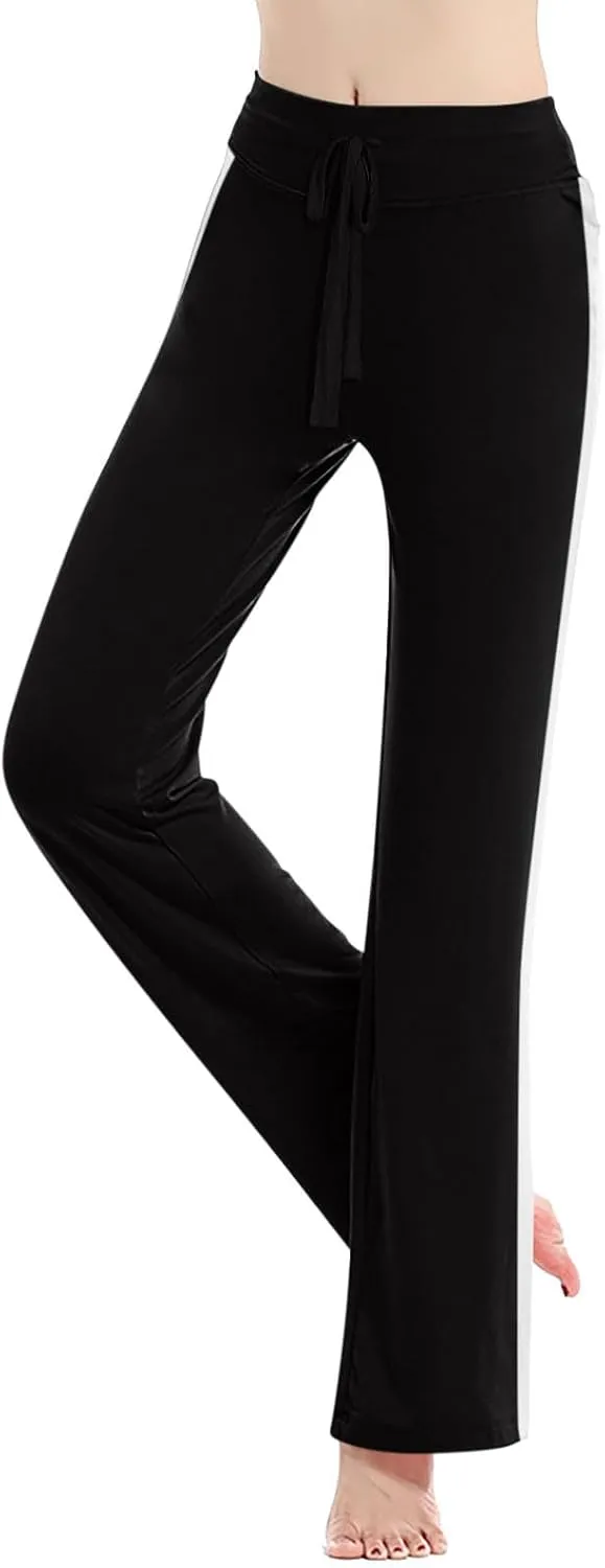 Women's Striped Wide Leg Pants High Waist Drawstring Yoga Pants Tummy Control Straight Leg Gym Workout Athletic Pants