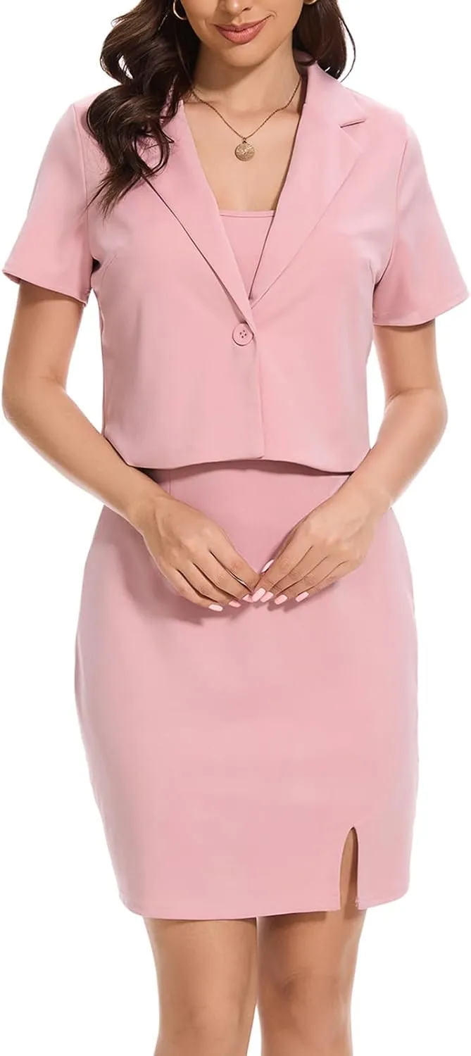 Women's Suits 2 Piece Dress Sets Business 2025 Work Office Retro Fashion Short Sleeve Jacket Mini Dress and Blazer Set