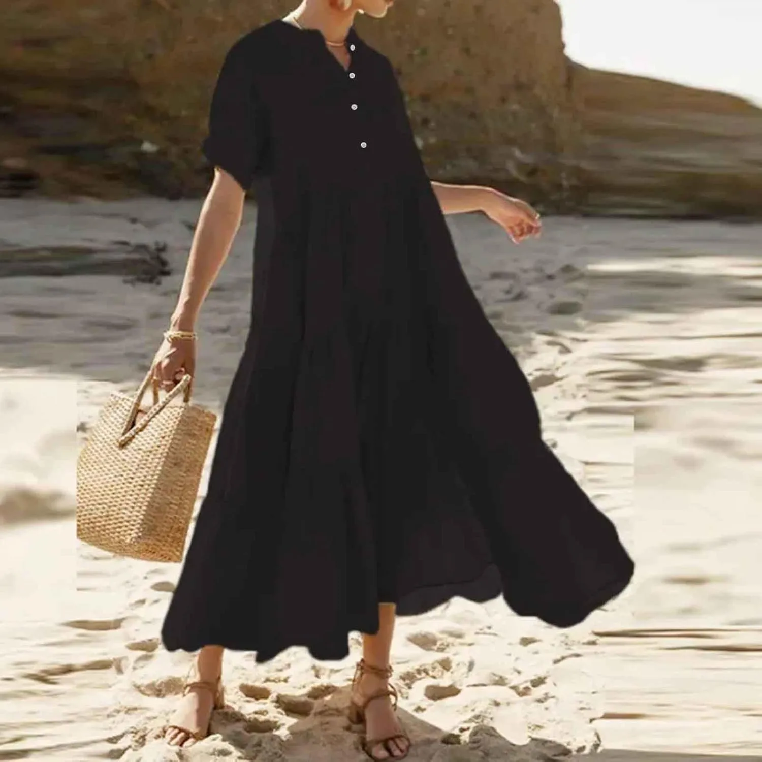 Womens Summer Boho Maxi Dresses 2025 Casual Short Sleeve Button Down Shirts Dress Flowy Tiered Beach Vacation Dress