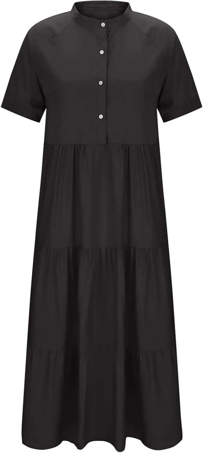 Womens Summer Boho Maxi Dresses 2025 Casual Short Sleeve Button Down Shirts Dress Flowy Tiered Beach Vacation Dress