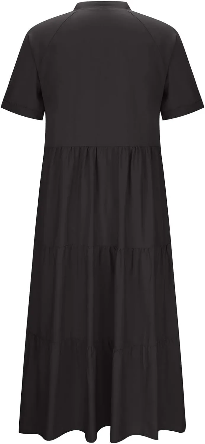 Womens Summer Boho Maxi Dresses 2025 Casual Short Sleeve Button Down Shirts Dress Flowy Tiered Beach Vacation Dress