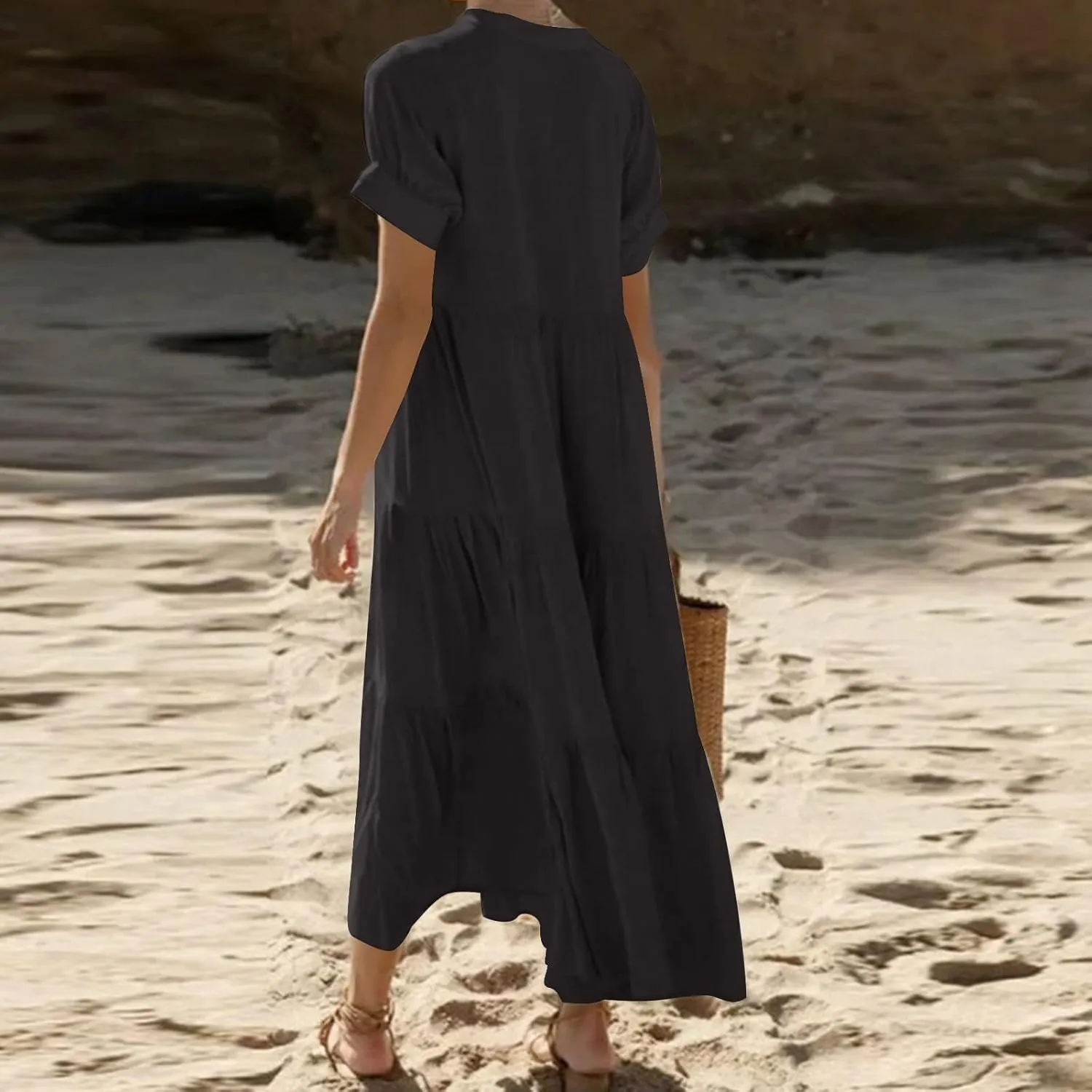 Womens Summer Boho Maxi Dresses 2025 Casual Short Sleeve Button Down Shirts Dress Flowy Tiered Beach Vacation Dress