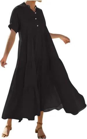 Womens Summer Boho Maxi Dresses 2025 Casual Short Sleeve Button Down Shirts Dress Flowy Tiered Beach Vacation Dress