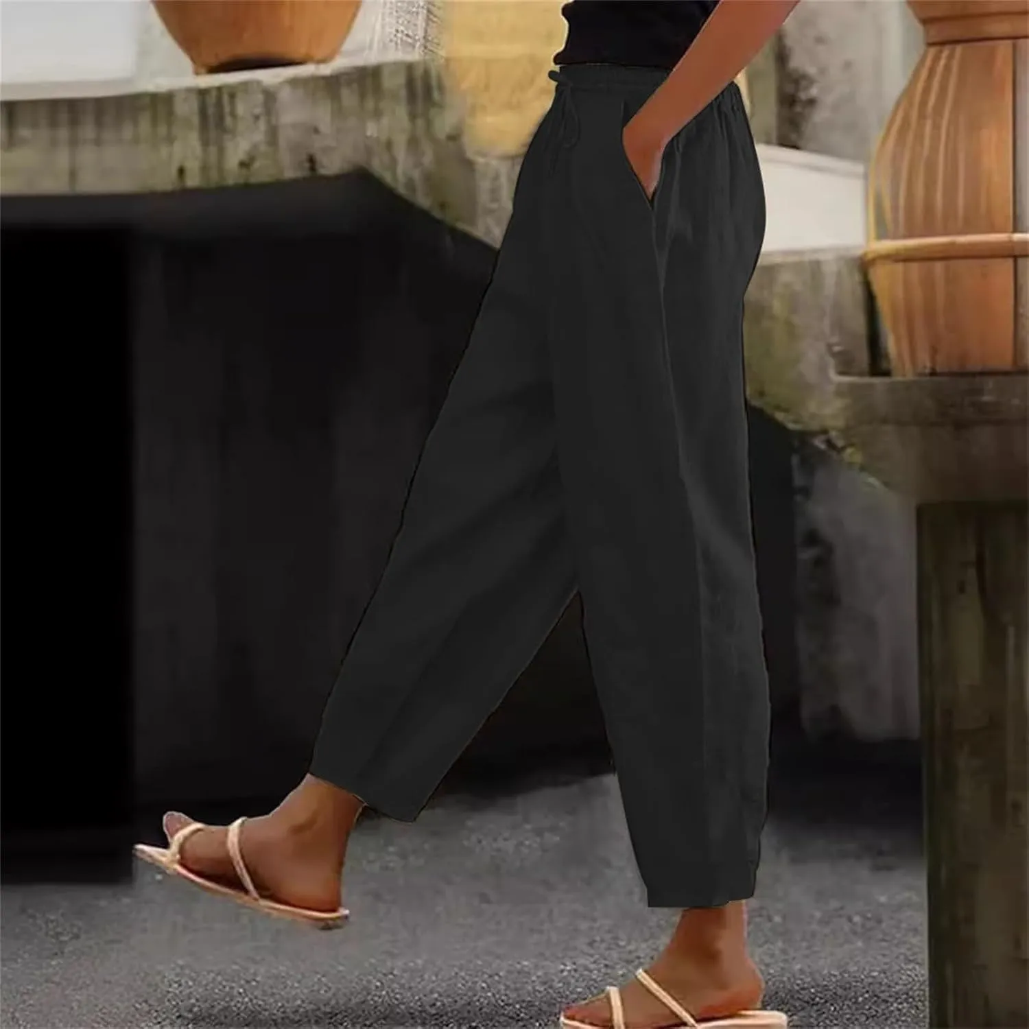 Womens Summer Casual Linen Pants 2025 Elastic High Waist Pant Drawstring Loose Cropped Trousers Capris with Pockets