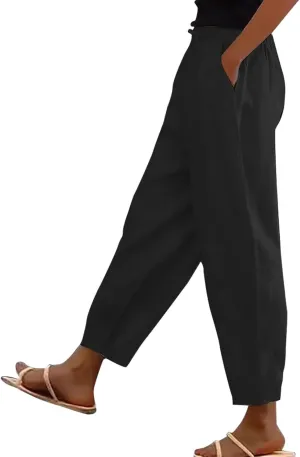 Womens Summer Casual Linen Pants 2025 Elastic High Waist Pant Drawstring Loose Cropped Trousers Capris with Pockets