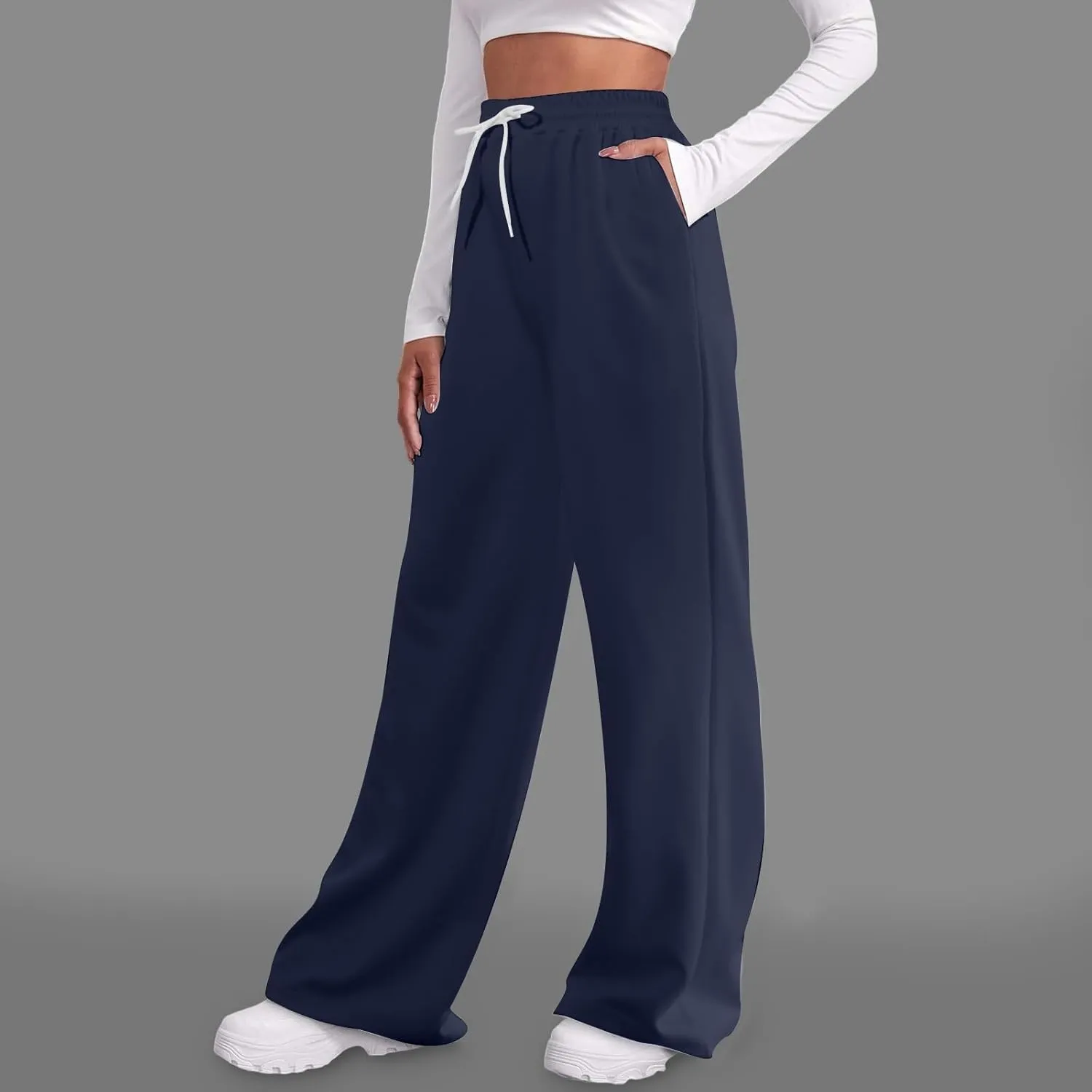 Women's Summer Casual Pants High Waist Drawstring Wide Straight Leg Sport Pants Loose Workout Trousers with Pockets