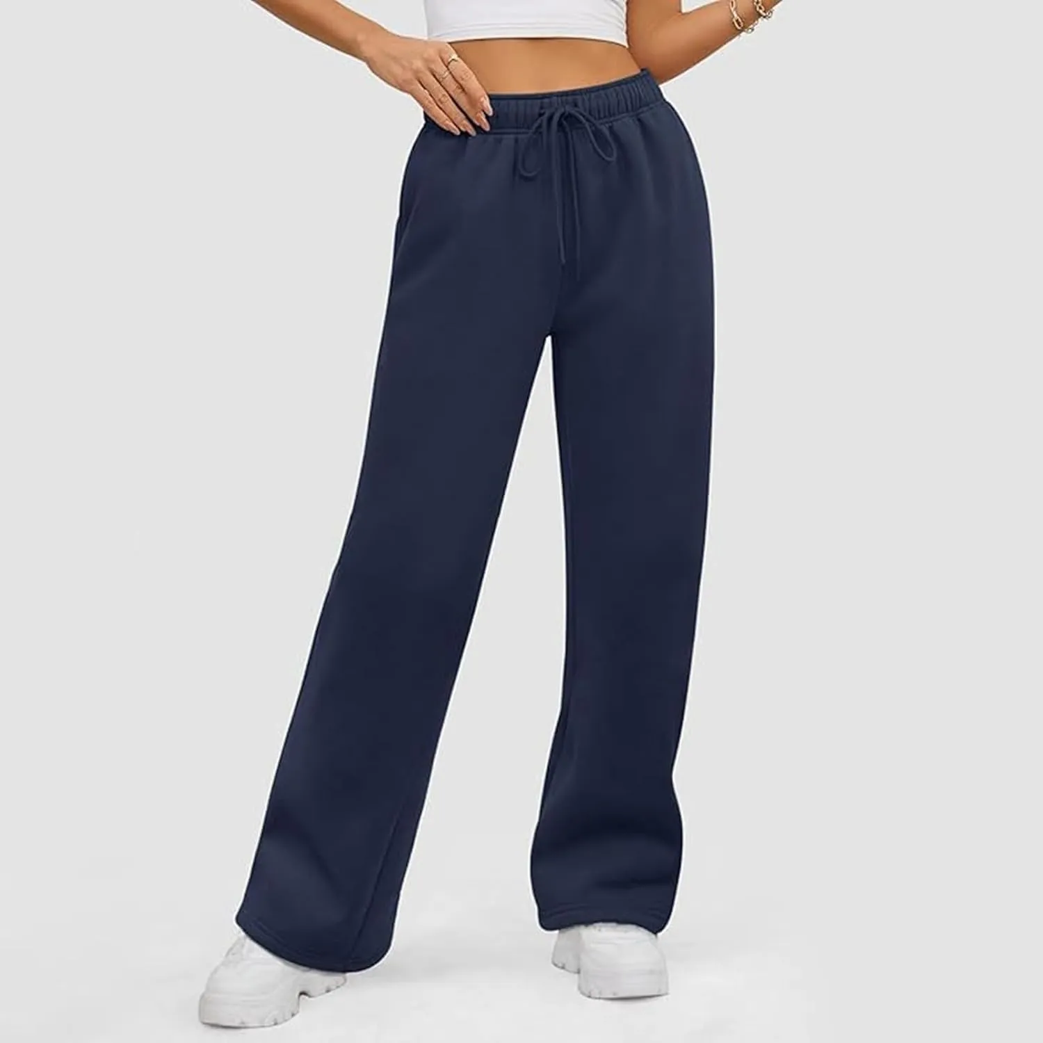Women's Summer Casual Pants High Waist Drawstring Wide Straight Leg Sport Pants Loose Workout Trousers with Pockets