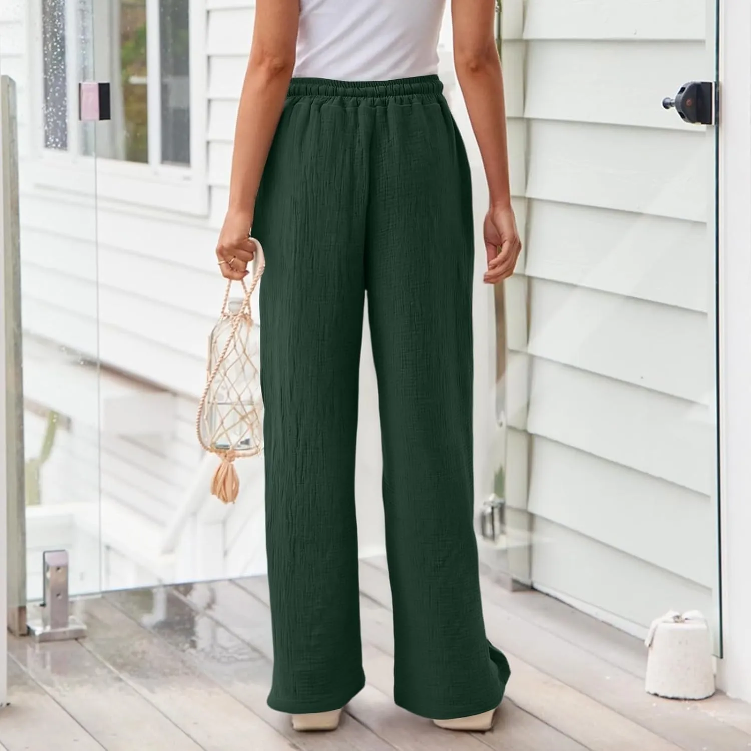 Women's Summer Cotton Linen Drawstring Straight Leg Palazzo Pants High Waist Beach Flowy Trouser Pant with Pocket