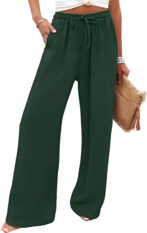 Women's Summer Cotton Linen Drawstring Straight Leg Palazzo Pants High Waist Beach Flowy Trouser Pant with Pocket