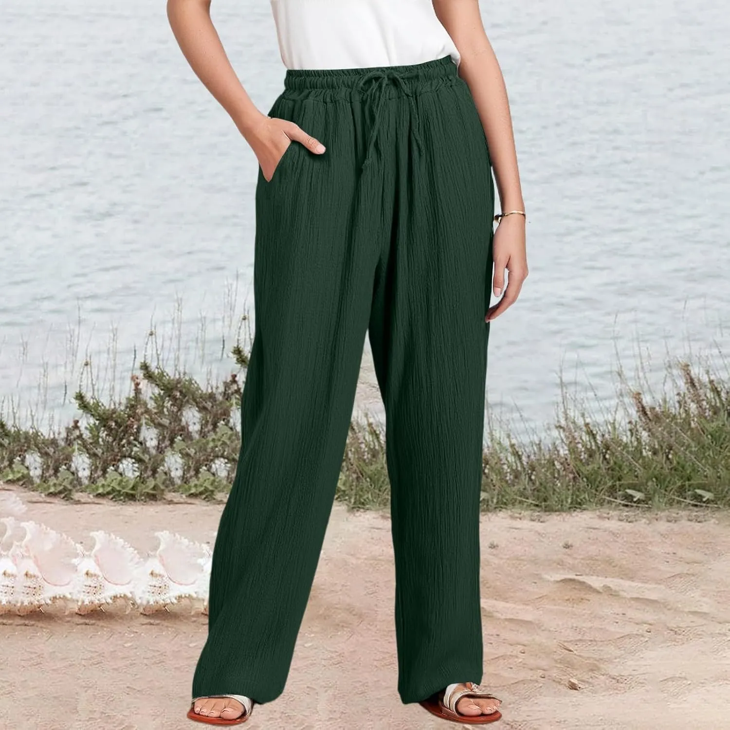 Women's Summer Cotton Linen Drawstring Straight Leg Palazzo Pants High Waist Beach Flowy Trouser Pant with Pocket