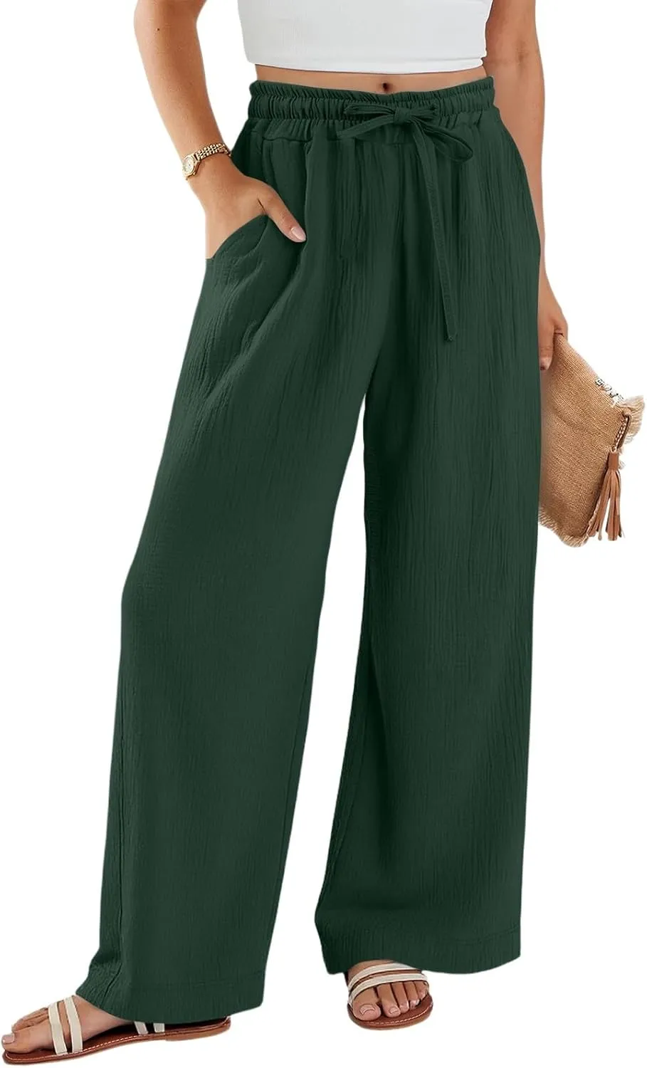 Women's Summer Cotton Linen Drawstring Straight Leg Palazzo Pants High Waist Beach Flowy Trouser Pant with Pocket