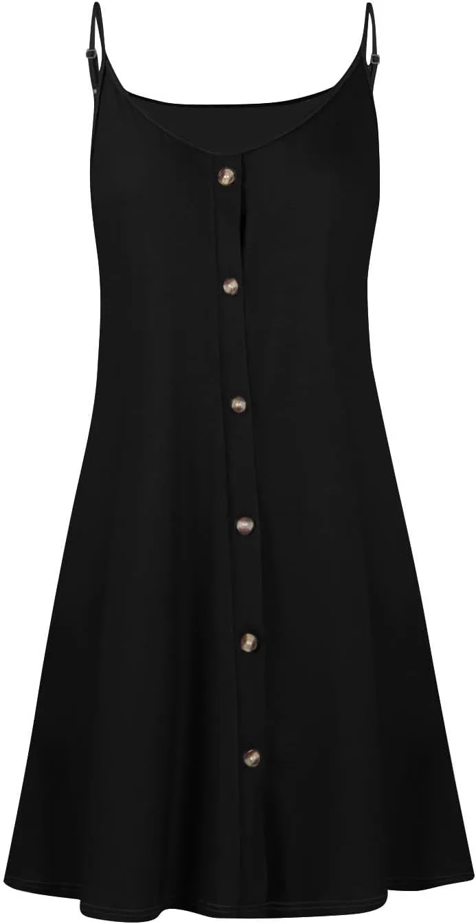 Womens Summer Dresses Spaghetti Strap V Neck Casual Sleeveless Solid Sundress Beach Button Shirts Boho Mini Dress