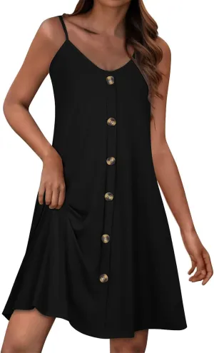 Womens Summer Dresses Spaghetti Strap V Neck Casual Sleeveless Solid Sundress Beach Button Shirts Boho Mini Dress