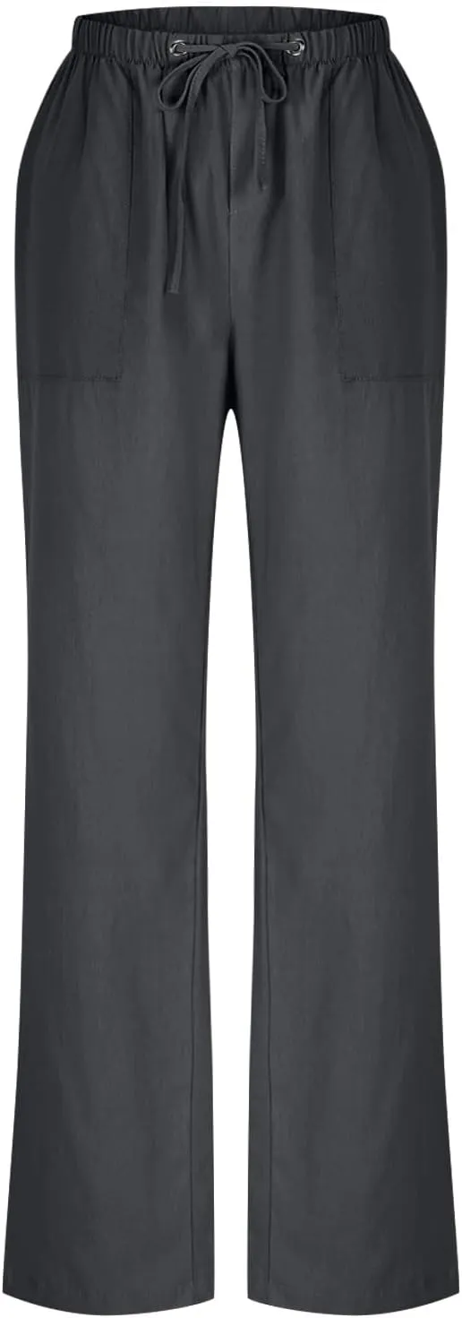 Women's Summer Loose Cotton Linen Palazzo Pants Drawstring Waist Wide Leg Pants with Pockets Long Lounge Trousers