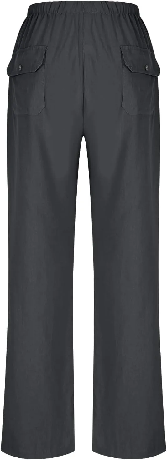 Women's Summer Loose Cotton Linen Palazzo Pants Drawstring Waist Wide Leg Pants with Pockets Long Lounge Trousers