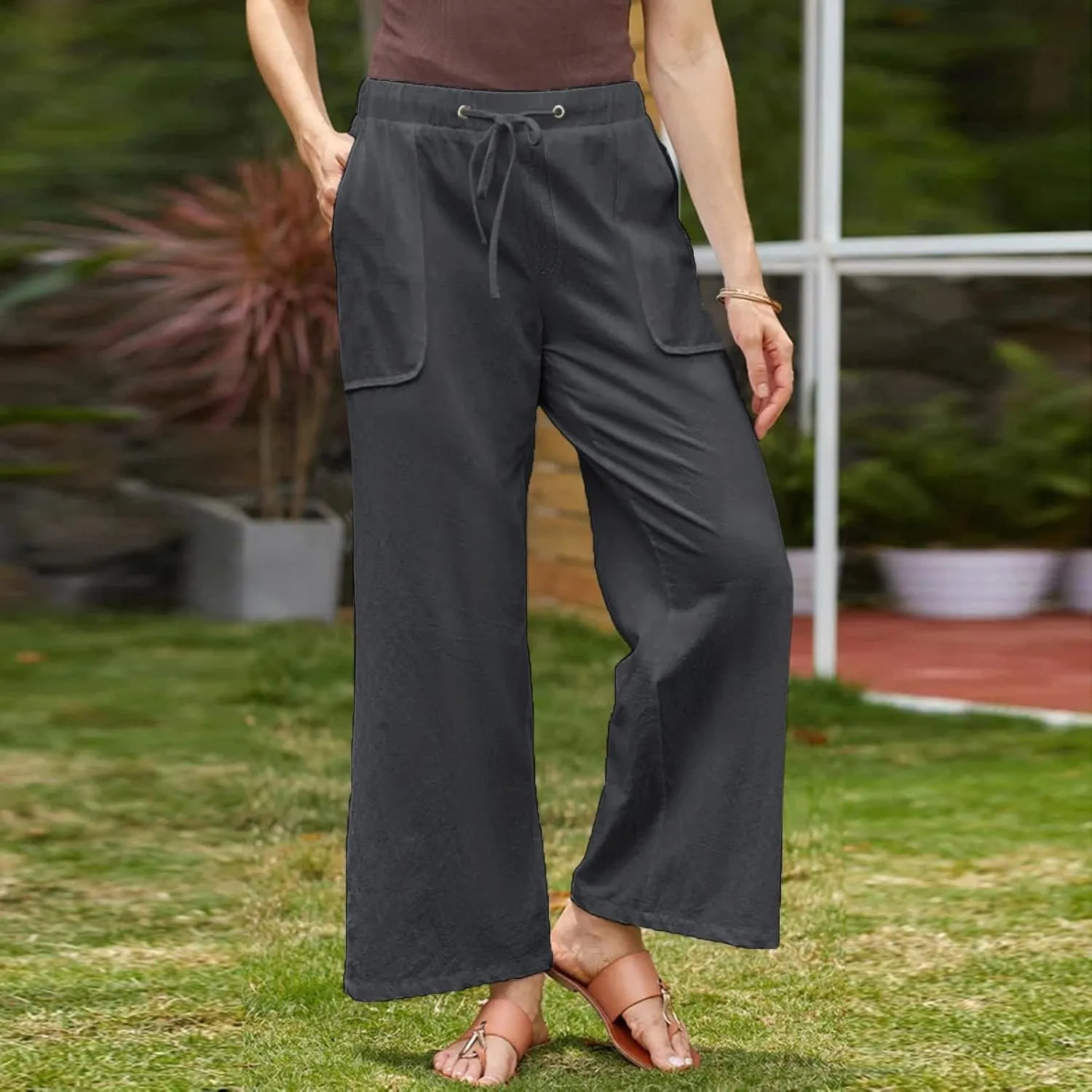 Women's Summer Loose Cotton Linen Palazzo Pants Drawstring Waist Wide Leg Pants with Pockets Long Lounge Trousers