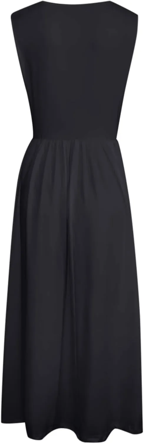 Women's Summer Sleeveless Midi Sundress Swing Casual Flowy Tiered Shirts Dress Beach Travel Vacation Outfits with Pockets