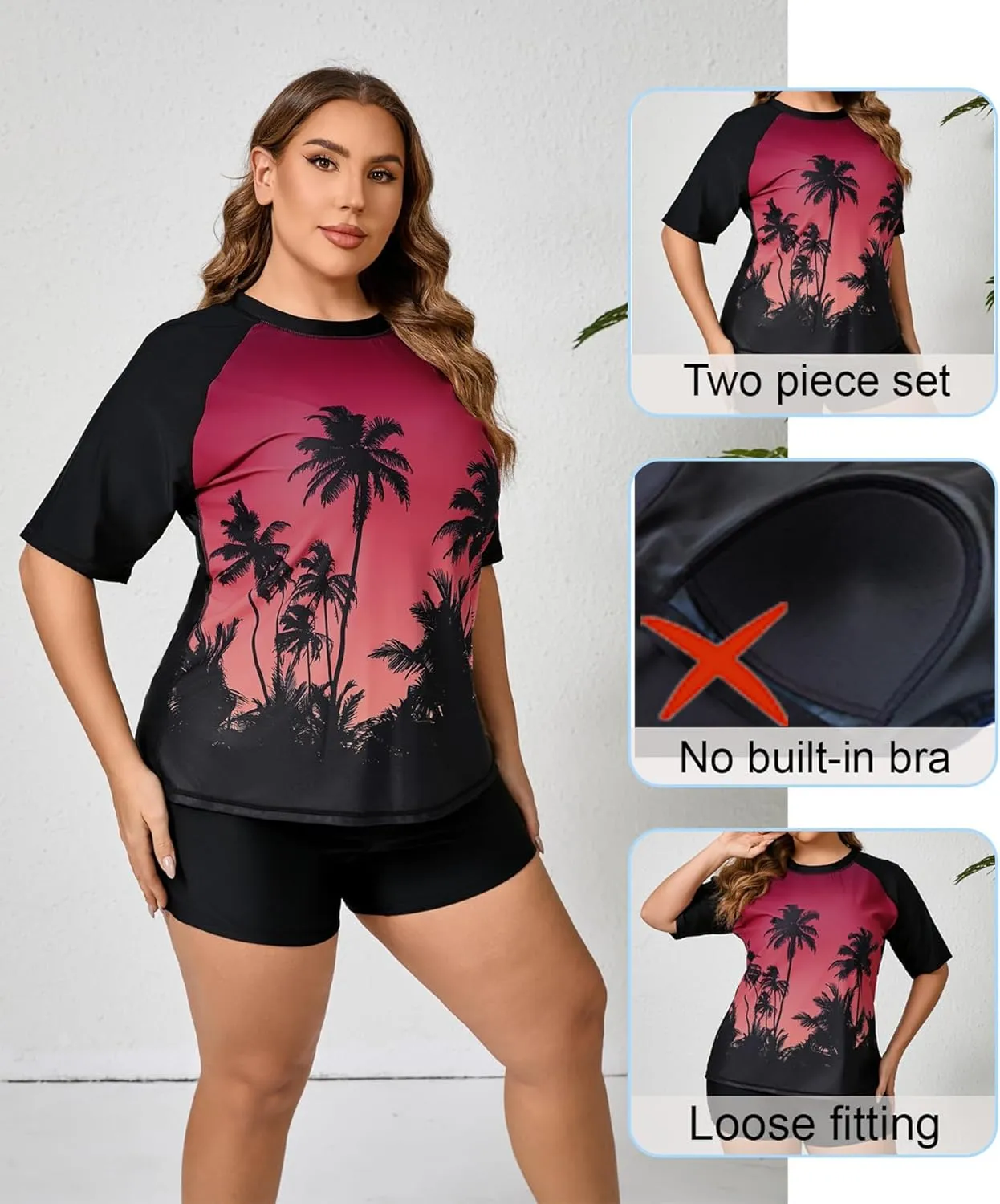 Womens Two Piece Plus Size Short Sleeve Rash Guard Sets Modest Swim Shirts Top and Shorts UPF50  Swimsuit