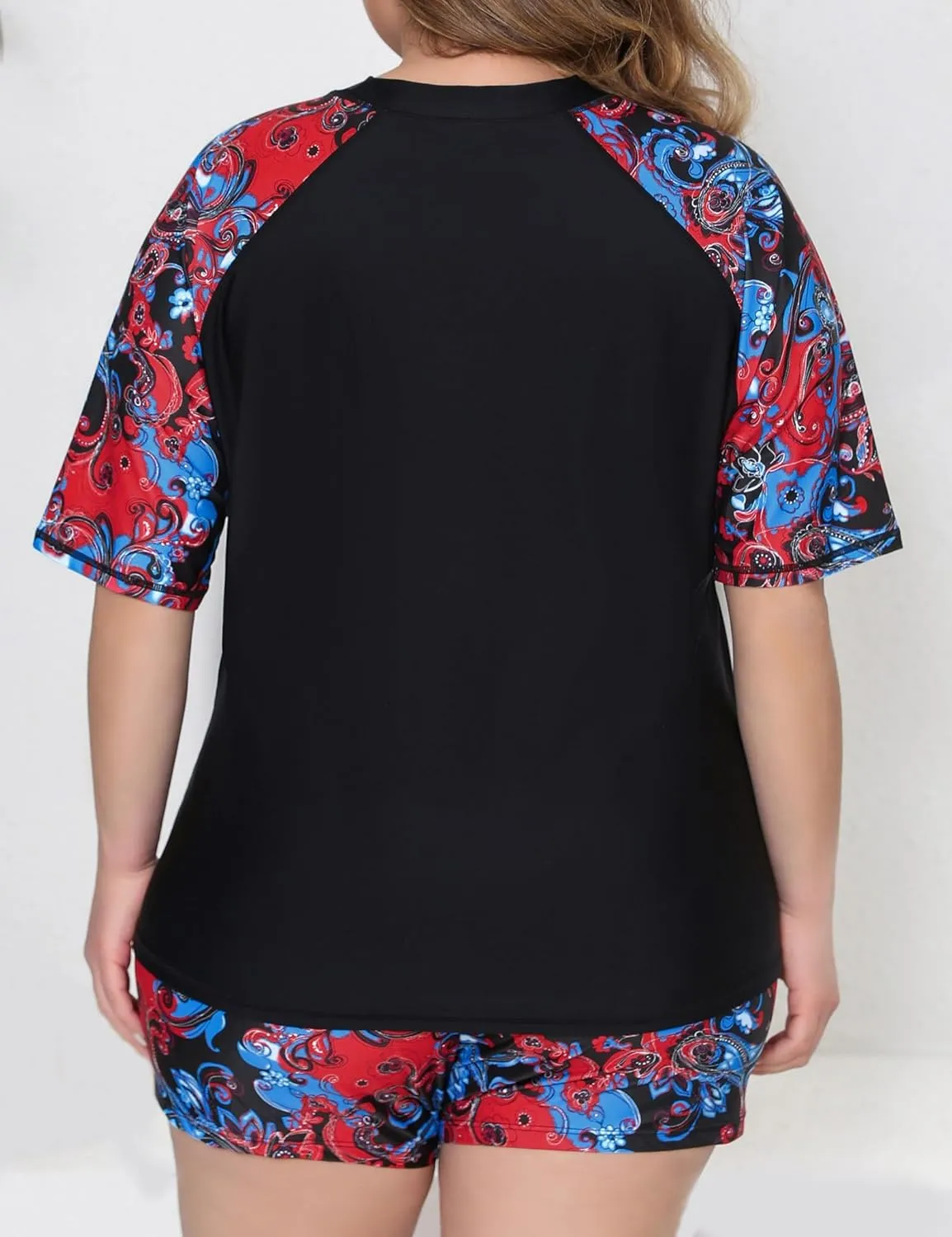 Womens Two Piece Plus Size Short Sleeve Rash Guard Sets Modest Swim Shirts Top and Shorts UPF50  Swimsuit