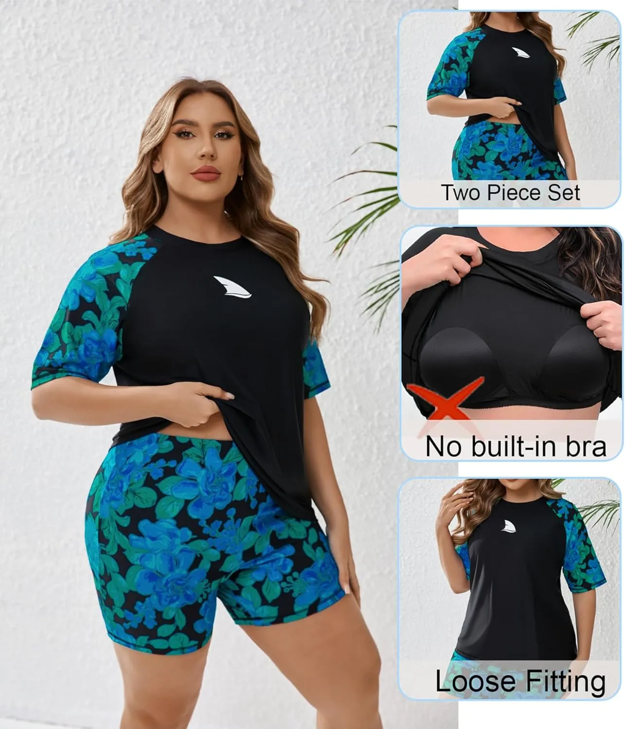 Womens Two Piece Plus Size Short Sleeve Rash Guard Sets Modest Swim Shirts Top and Shorts UPF50  Swimsuit